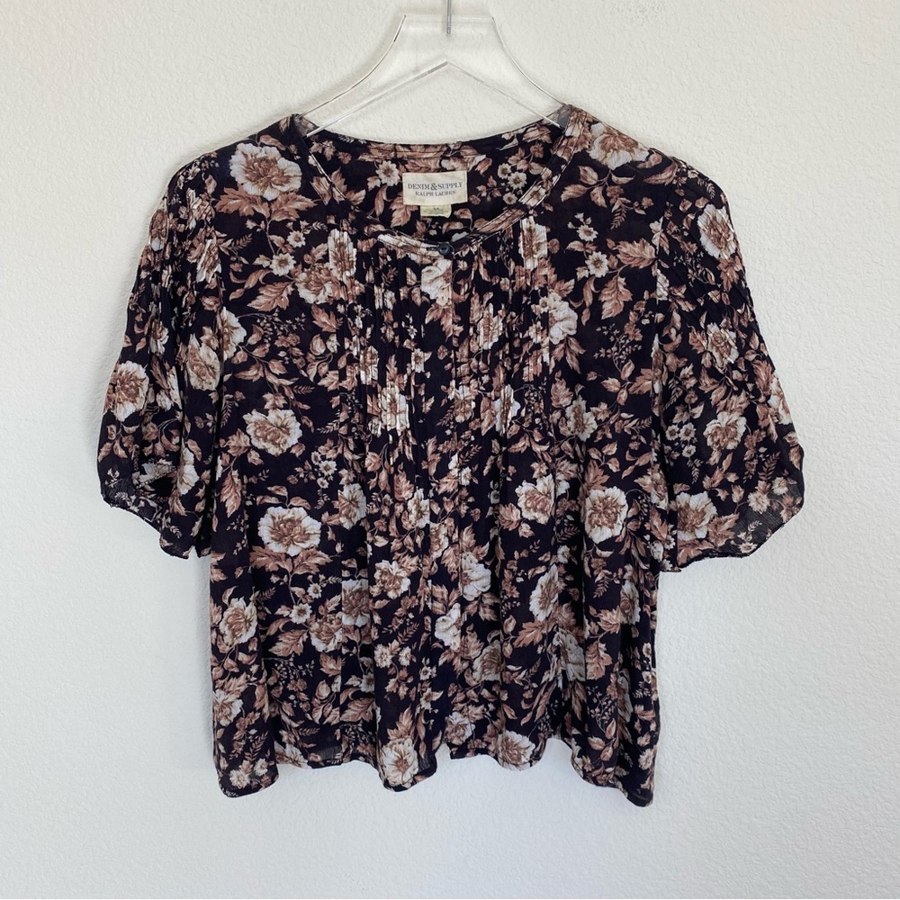 Denim & Supply Ralph Lauren Brown Floral Pintucked Blouse Top | S